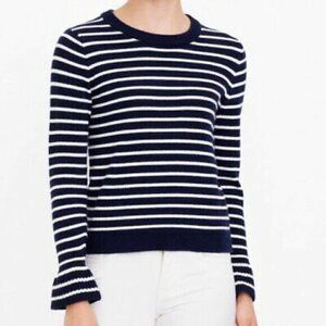 J. Crew Navy Blue & White Stripe Ruffle Sleeve Crewneck Sweater XS